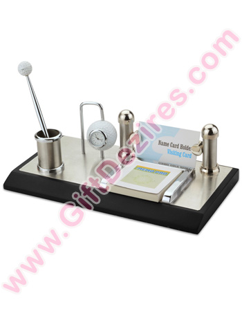 Metallic Multi Utility DeskTop Product - Golf Theme - Pen - Pen Stand - Card Holder - Table Clock - Memo Pad Holder